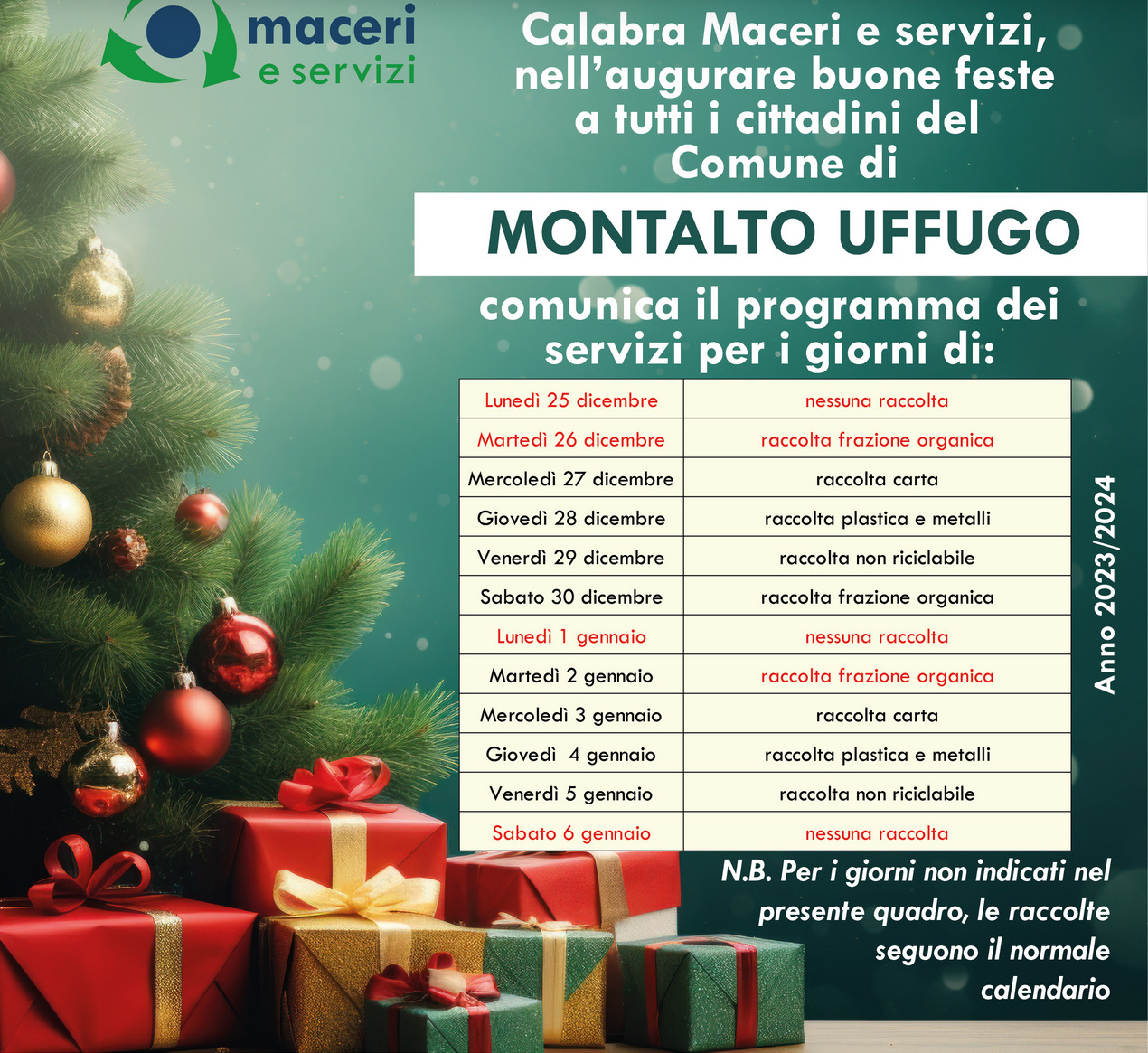 Calabra Macera e Servizi Calendario raccolta dal 25 12 2023 al 06 01 2024